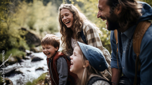 A family laughing and happy hiking next to a creek