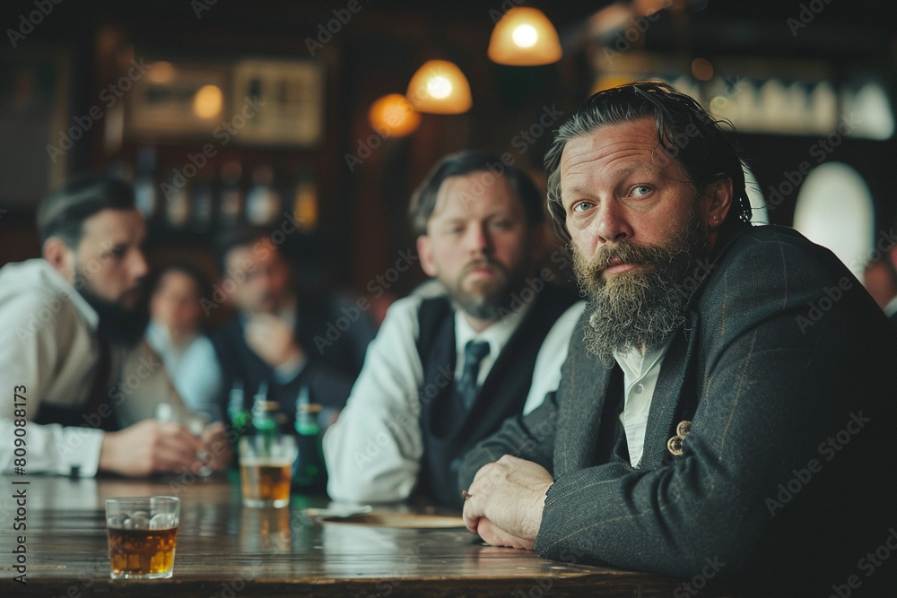 A bearded man in a bar distractedly watching television and perhaps not having a good time.