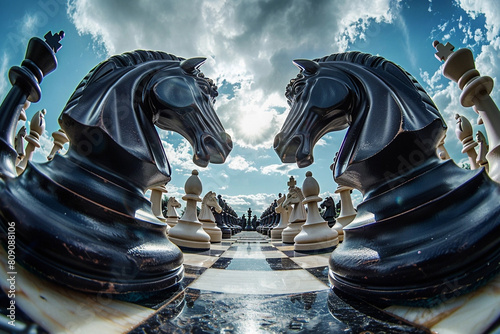 A giant chessboard in a garden with horses, pawns, and other chess pieces and figures photo