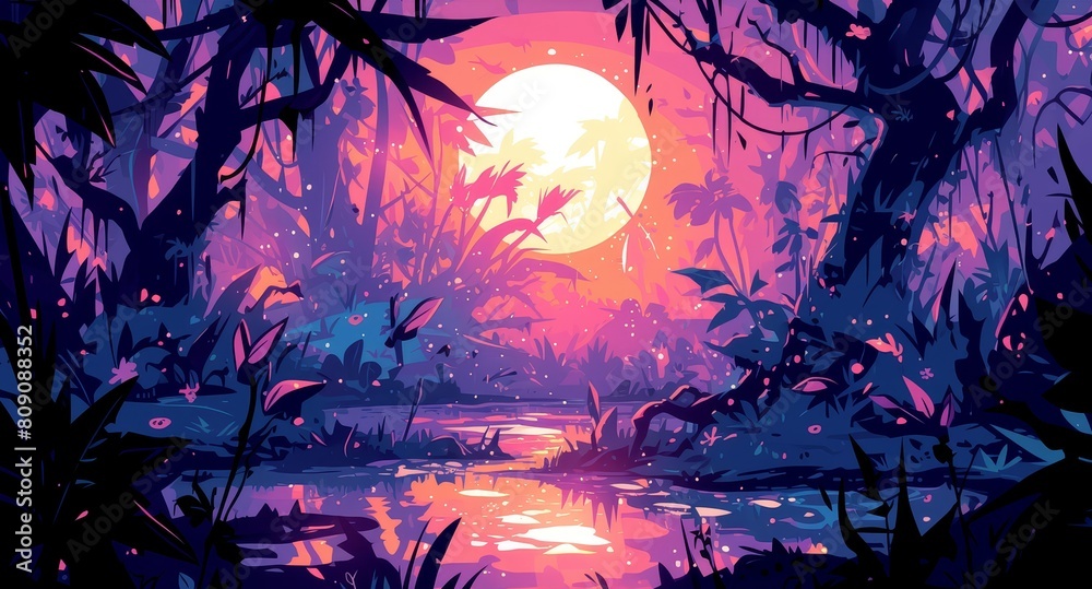 An enchanting cartoon forest with trees and foliage in shades of red, purple, pink, and black, with a small stream flowing through the center. 