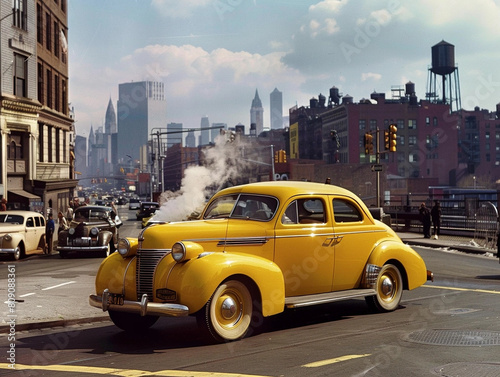 Retro yellow car outdoors in retro urban scene