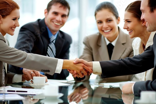 Business people shaking hands, finishing up a meeting 