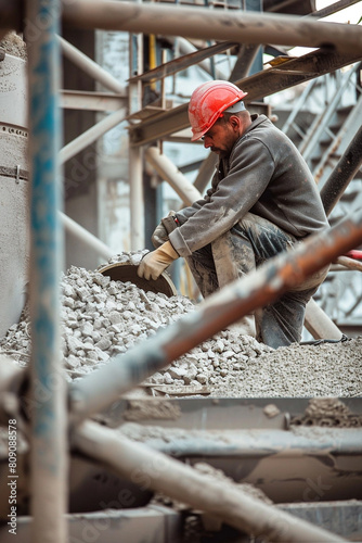 Worker in Cement Industry Works at Aggregates and Cement Factory with Sand