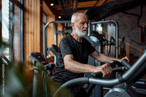 Elderly Man Training on Cross Trainer at the Gym