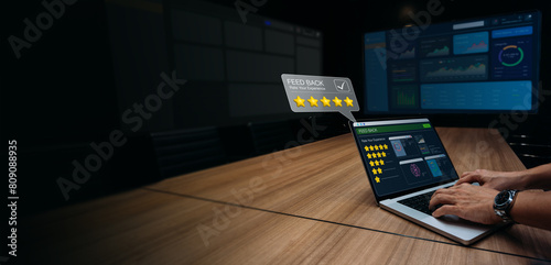 Obraz na płótnie Dynamic feedback testimonial from Customer User give five stars rating to service experience on online application for Customer review satisfaction feedback survey concept in meeting room background. w salonie