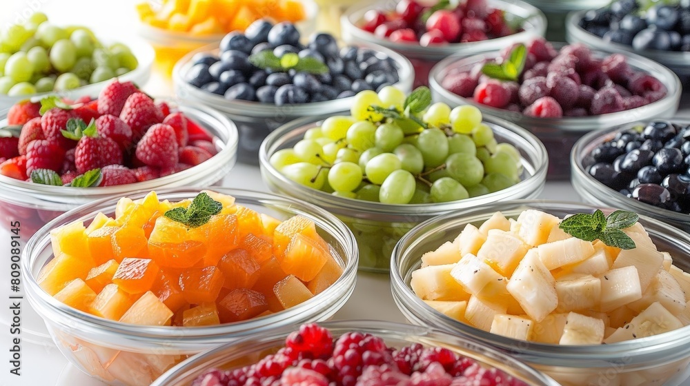 colorful fruit salad bar on transparent background featuring red strawberries, green grapes, and a variety of bowls in clear, glass, and white colorful fruit salad bar on transparent background featuring red strawberries, green grapes, and a variety of bowls in clear, glass, and white