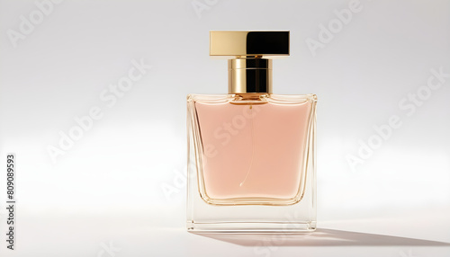 Luxury pink bottle of perfume in white background..