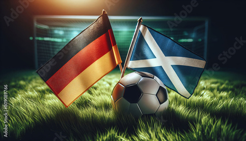 Länderflaggen von Deutschland und Schottland mit einem Fußball in der Mitte, Fußball EM 2024, Europameisterschaft photo