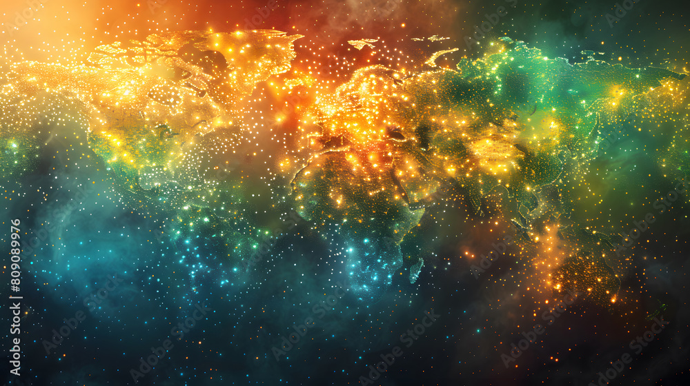 Naklejka premium Artistic representation of global connectivity through a glowing, colorful world map, symbolizing worldwide communication and data flow