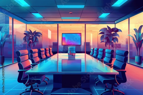 Modern corporate boardroom with a large table, highback chairs, and video conferencing equipment, set for an executive meeting, 2d illustration photo