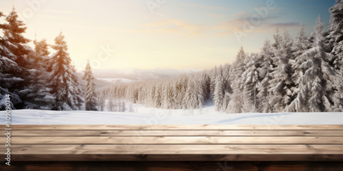 Product Presentation Wooden Table With Winter Forest Landscape. Wood Display Deck For Advertising. Generative AI © sweet_mellow