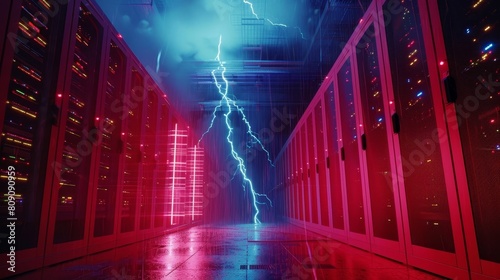 A supercomputer harnesses the raw power of electricity, simulating the intense energy of a thunderstorm with striking realism. The digital ing showcases the intricate patterns of lighting, as photo
