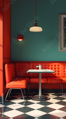Retro cafe seating flat design side view classic diner theme 3D render Analogous Color Scheme