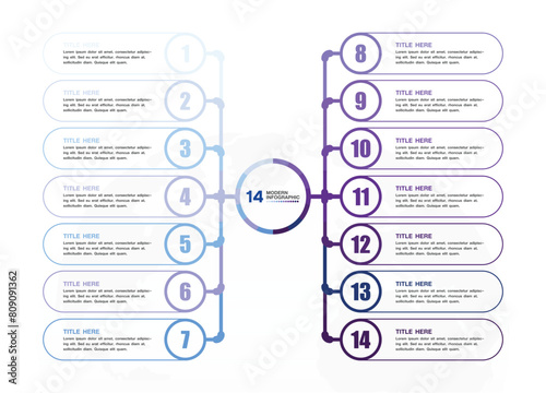 Infographic process design with icons and 14 options or steps.