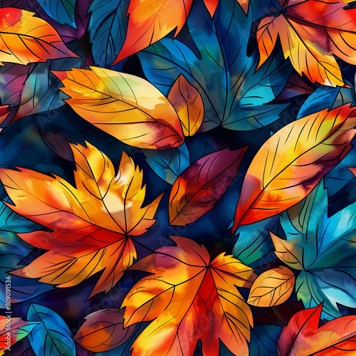 A Background Featuring a Mix of Colorful Autumn Leaves in Red  Orange  Blue  Yellow  and Brown