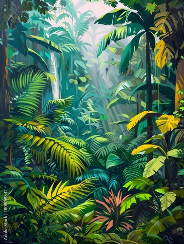 Dive into the lush  vibrant world of a secluded rainforest  teeming with life and exotic foliage. A cascading waterfall  hidden amidst towering trees  reveals the surreal beauty of this primordial