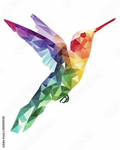 This artwork showcases a minimalist take on a hummingbird, featuring geometric shapes and a vivid rainbow gradient. The modern and colorful design adds a touch of nature to any space. photo