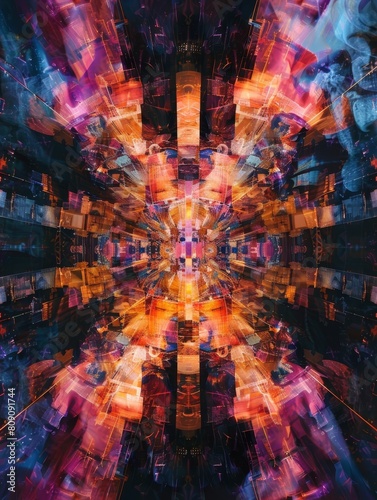 Explore the depths of space-time in this mesmerizing abstract composition. Warping dimensions create a surreal landscape filled with kaleidoscopic patterns and glitch art styling. Perfect for