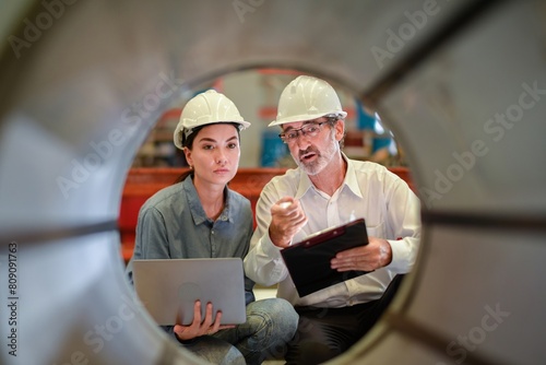 Wallpaper Mural woman engineer assistant secretary in helmet inspection check control heavy machine construction installation in industrial factory with boss manager. Boss and partnership check maintenance factory Torontodigital.ca