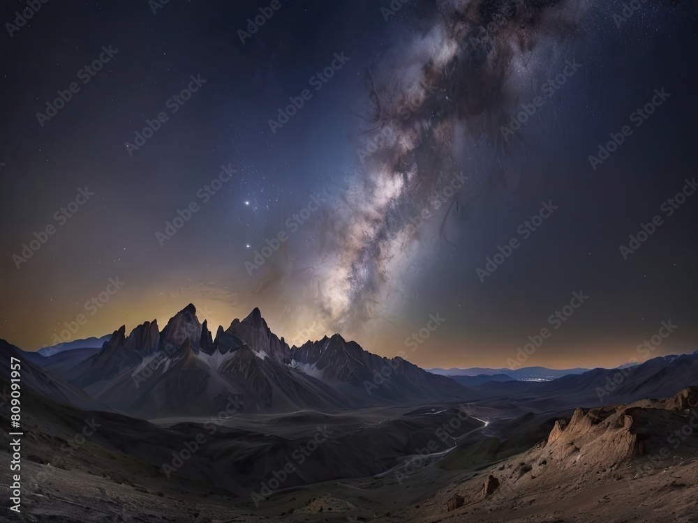A stunning view of the Milky Way galaxy stretching across the night sky, framed by silhouettes of rugged mountains
