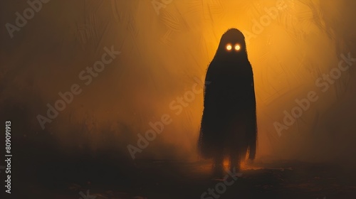 Shrouded Silhouette in Ominous Mist Mysterious Ghostly Presence Emerges from the Gloom photo