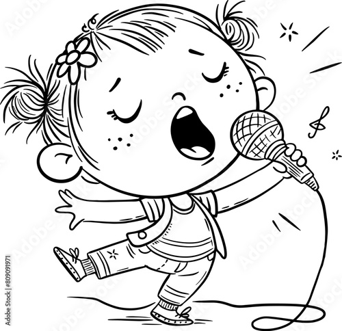 Cartoon little girl sings a song emotionally into a microphone, isolated outline vector illustration