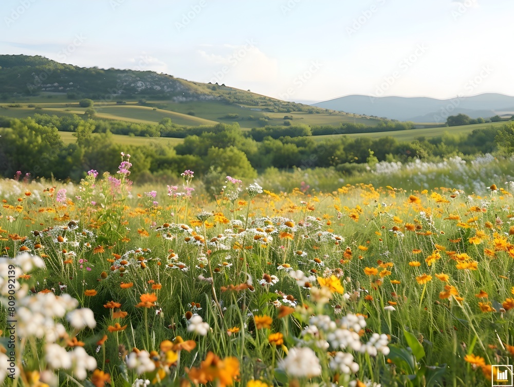 Lush Meadow Bursting with Vibrant Native Wildflowers in Serene Countryside Landscape