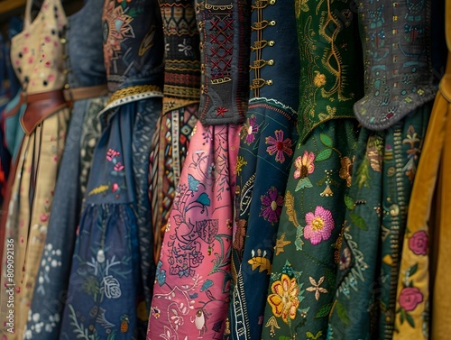 Colorful traditional dresses, adorned with intricate floral patterns, are showcased on a row of mannequins, emphasizing the beauty of cultural fashion. © Kantarika
