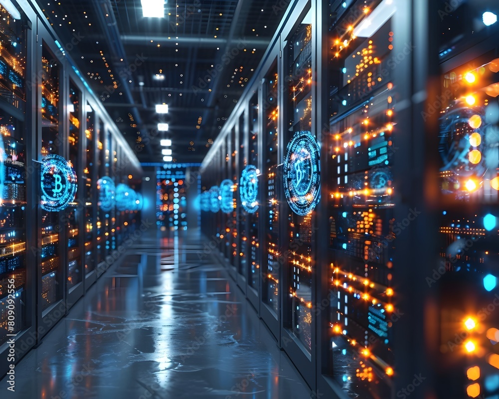 High tech Server Room in Cryptocurrency Mining Data Center with Racks of Computers and Futuristic Lighting High tech Server Room in Cryptocurrency Mining Data Center with Racks of Computers and Futuristic Lighting