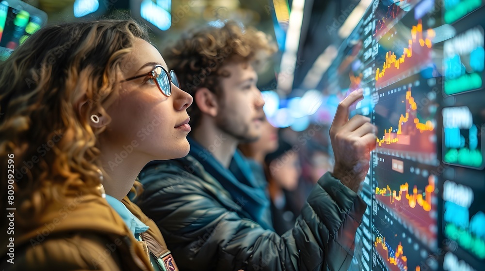 Young adults studying financial investments at an interactive market educational workshop with data analysis on digital screens Young adults studying financial investments at an interactive market educational workshop with data analysis on digital screens