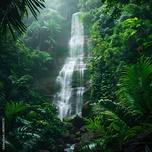 Lush Verdant Rainforest Waterfall Cascading Through Untouched Tropical Wilderness