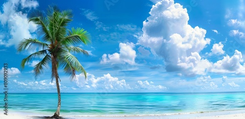 Pristine sandy beach with a single palm tree against a clear blue sky and tranquil turquoise sea