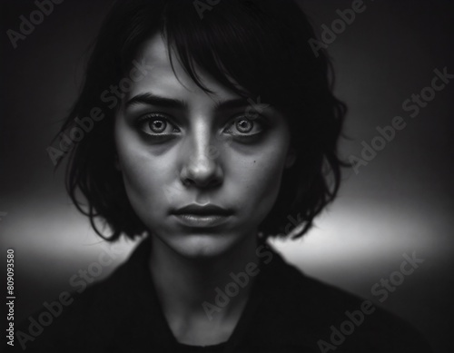 monochrome portrait of a woman with short black hair and light coming from behind her © Nanees