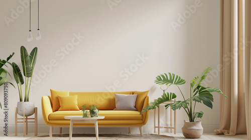 Sofá amarelo em uma casa decorada e agradavel  photo