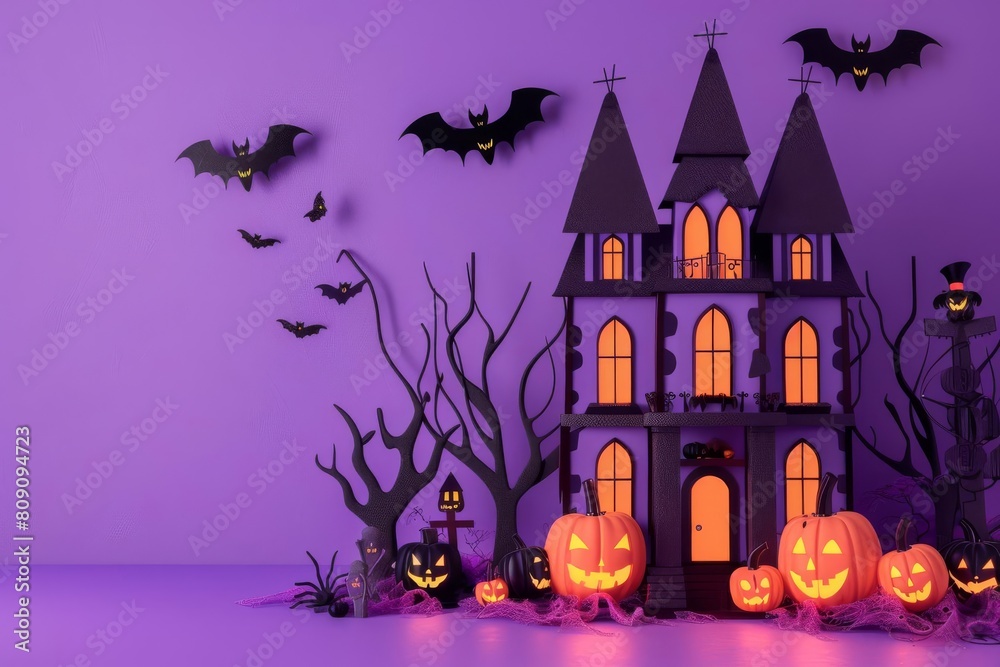 Halloween decorations flat design side view haunted house theme 3D render Analogous Color Scheme