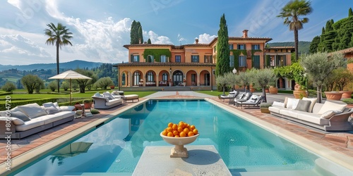 A breathtaking view of a luxurious Tuscan villa with a large swimming pool  surrounded by lush greenery and sunny skies
