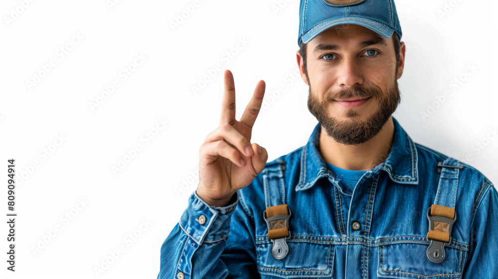 Naklejka premium Smiling man in denim making peace sign with blue cap