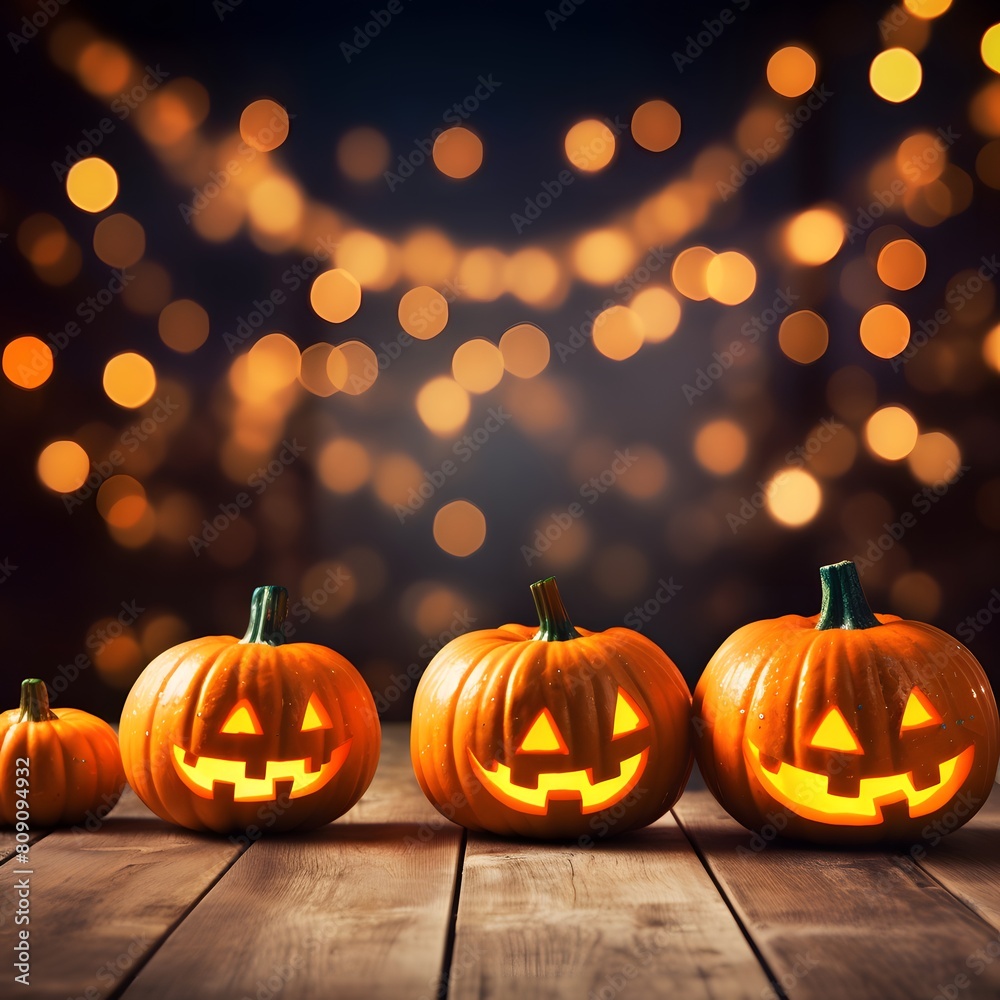 Fototapeta premium Halloween orange pumpkins on a wooden table. Generative AI.