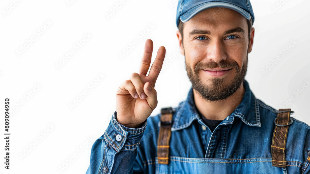 Smiling man in denim making peace sign with blue cap Smiling man in denim making peace sign with blue cap