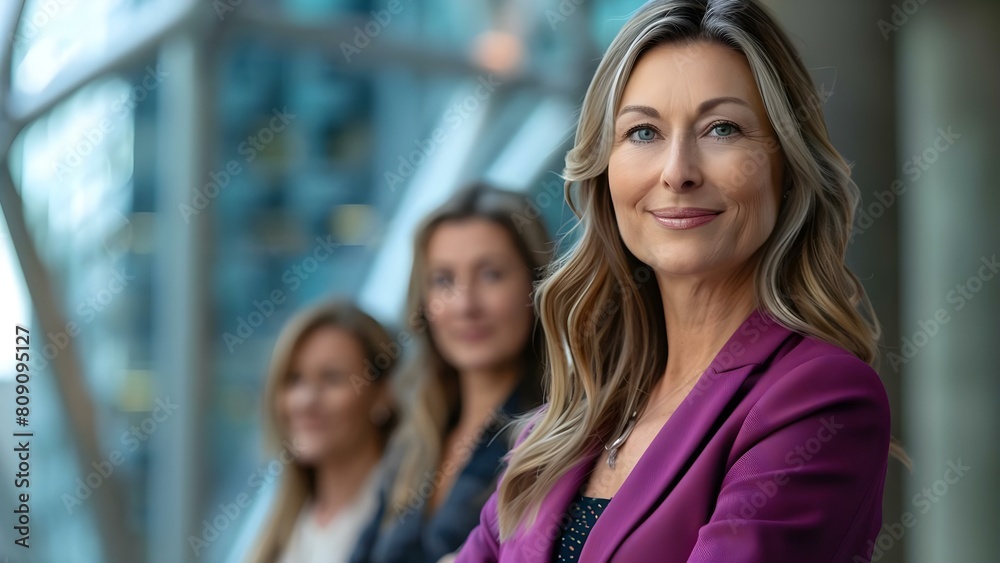 Fototapeta premium Smiling middle-aged businesswoman with team in office tower background. Concept Portrait Photography, Business Team, Office Setting, Smiling Faces, Corporate Background