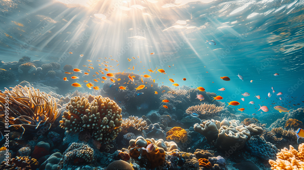 Obraz premium Underwater photography of a beautiful coral reef with a school of fish, sun rays shining through the water surface in the style of nature.