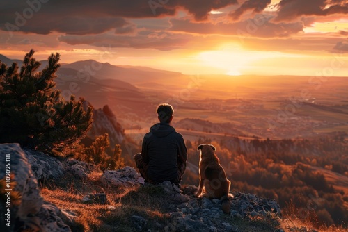 A man and his dog sitting on the top of a mountain watching the sunset  back view  warm colors Generative AI