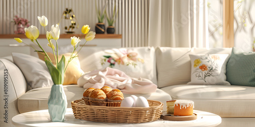 Cozy living room interior in fall palette with autumn flowers and pumpkins with white background photo