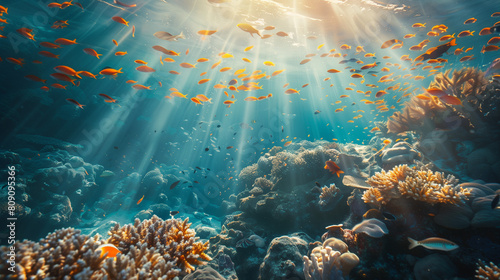 Underwater photography of a beautiful coral reef with a school of fish  sun rays shining through the water surface in the style of nature.