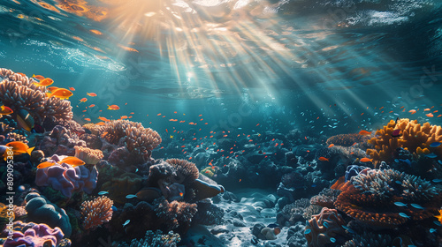 Underwater photography of a beautiful coral reef with a school of fish  sun rays shining through the water surface in the style of nature.