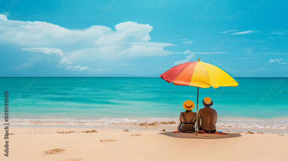 A couple is sitting on the beach under a colorful umbrella