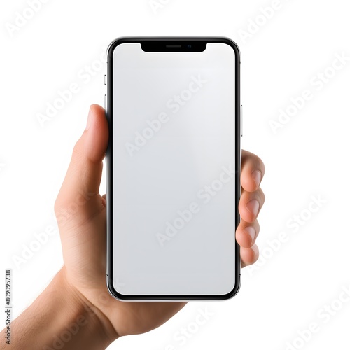Hand holding a smartphone. Transparent mobile screen mockup. Generative AI.