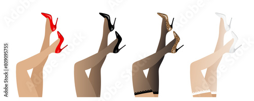 Beautiful sexy slender female legs in stockings and high-heeled shoes. Set of isolated vector illustrations