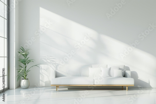 simple and clean living room space featuring a white couch positioned in front of a white wall