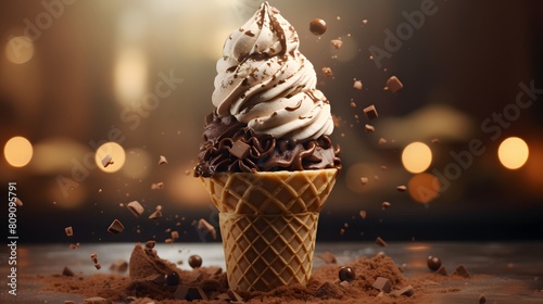 ice cream with chocolate in cone on brown background
